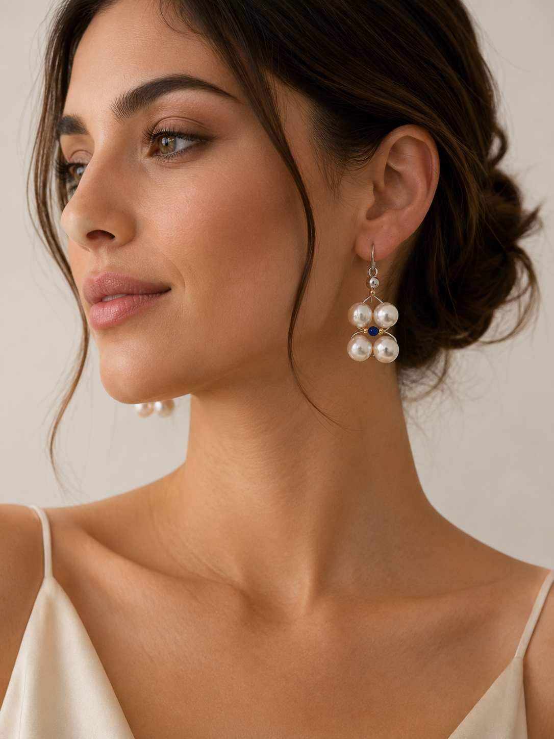 Handcrafted pearl cluster earrings worn by a woman. Each earring features four luminous freshwater pearls arranged in a delicate floral-inspired design, accented by a deep blue gemstone bead at the center and subtle gold-tone details. Suspended from 925 sterling silver hooks, the earrings blend timeless elegance with artisanal craftsmanship. Their serene and sophisticated aesthetic gracefully frames the face, evoking refinement and femininity. Perfect for weddings, special occasions, or elegant everyday wea