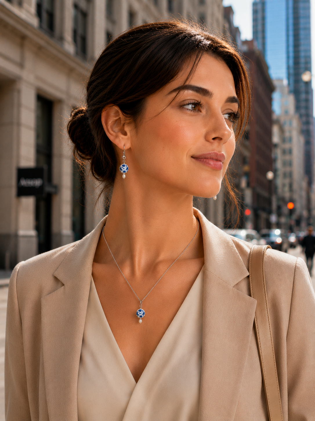 Handcrafted ceramic and pearl drop earrings worn by a woman. Each earring features a round white ceramic bead adorned with delicate blue floral motifs, paired with a luminous freshwater pearl drop and suspended from 925 sterling silver hooks. Inspired by classic porcelain artistry, the earrings blend timeless elegance with handcrafted charm. Their delicate blue-and-white design gracefully frames the face, evoking sophistication, serenity, and feminine refinement. Perfect for special occasions or everyday el